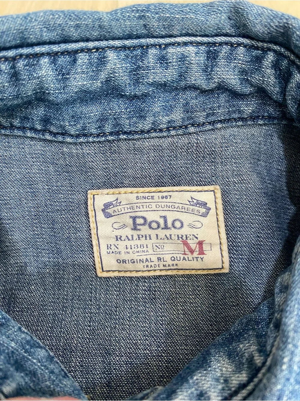 Ralph Lauren Distress Repair Western Shirt Denim Fade Blue Pearl Snap Polo